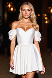 White Satin A Line Sweetheart Short Prom Dress with Ruffles