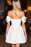 White Satin A Line Sweetheart Short Prom Dress with Ruffles