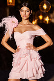 Pink Ruffled A Line Chiffon Short Prom Dress with Feathers