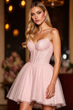 Sparkly Blush Corset A Line Short Prom Dress with Sequins