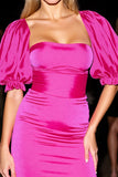 Fuchsia Short Satin Bodycon Prom Dress with Puff Sleeves