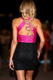 Glitter Black and Fuchsia Bodycon Halter Keyhole Mini Prom Dress