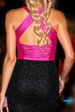 Glitter Black and Fuchsia Bodycon Halter Keyhole Mini Prom Dress