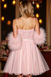 Sparkly A Line Blush Corset Sequins Short Prom Dress with Feathers