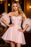 Sparkly A Line Blush Corset Sequins Short Prom Dress with Feathers