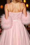 Sparkly A Line Blush Corset Sequins Short Prom Dress with Feathers