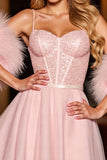 Sparkly A Line Blush Corset Sequins Short Prom Dress with Feathers