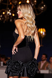 Black Satin Corset 3D Flowers Bodycon Short Prom Dress