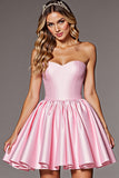Pink Sweetheart Corset A Line Satin Short Prom Dress with Bow