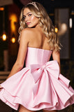 Pink Sweetheart Corset A Line Satin Short Prom Dress with Bow