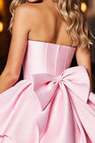 Pink Sweetheart Corset A Line Satin Short Prom Dress with Bow