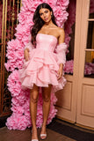 Pink A Line Strapless Corset Short Ruffled Prom Dress with Sleeves
