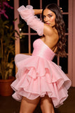 Pink A Line Strapless Corset Short Ruffled Prom Dress with Sleeves