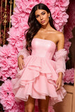 Pink A Line Strapless Corset Short Ruffled Prom Dress with Sleeves