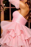 Pink A Line Strapless Corset Short Ruffled Prom Dress with Sleeves