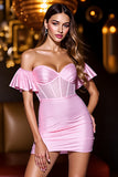 Pink Satin Corset Beaded Mini Prom Dress with Ruffles