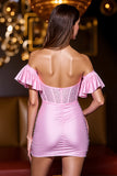 Pink Satin Corset Beaded Mini Prom Dress with Ruffles