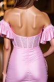 Pink Satin Corset Beaded Mini Prom Dress with Ruffles