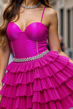 A Line Tiered Fuchsia Short Prom Dress with Ruffles