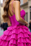 A Line Tiered Fuchsia Short Prom Dress with Ruffles