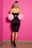 Black Bodycon Strapless Cut Out Short Prom Dress with Feathers
