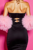 Black Bodycon Strapless Cut Out Short Prom Dress with Feathers