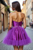 Dark Purple A Line Satin Strapless Short Prom Dress