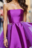 Dark Purple A Line Satin Strapless Short Prom Dress