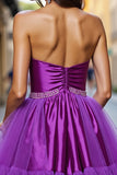 Dark Purple A Line Satin Strapless Short Prom Dress