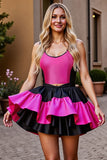 Black and Fuchsia A Line Tiered Satin Short Prom Dress with Ruffles