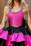 Black and Fuchsia A Line Tiered Satin Short Prom Dress with Ruffles