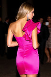 Fuchsia Bodycon One Shoulder Mini Prom Dress with Ruffles
