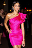 Fuchsia Bodycon One Shoulder Mini Prom Dress with Ruffles
