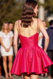 Red A Line Satin Spaghetti Straps Backless Short Prom Dress