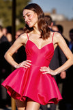 Red A Line Satin Spaghetti Straps Backless Short Prom Dress