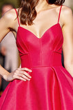 Red A Line Satin Spaghetti Straps Backless Short Prom Dress
