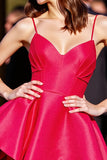 Red A Line Satin Spaghetti Straps Backless Short Prom Dress