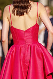 Red A Line Satin Spaghetti Straps Backless Short Prom Dress