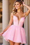 Pink Corset A Line V-Neck Short Prom Dress with Lace up Back