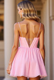 Pink Corset A Line V-Neck Short Prom Dress with Lace up Back