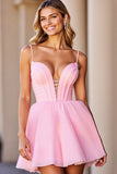 Pink Corset A Line V-Neck Short Prom Dress with Lace up Back