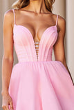 Pink Corset A Line V-Neck Short Prom Dress with Lace up Back