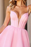 Pink Corset A Line V-Neck Short Prom Dress with Lace up Back