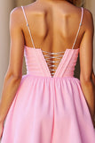 Pink Corset A Line V-Neck Short Prom Dress with Lace up Back