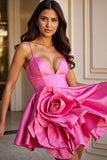 Fuchsia Satin A Line Spaghetti Straps Short Prom Dress with Flower