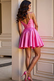 Fuchsia Satin A Line Spaghetti Straps Short Prom Dress with Flower