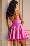 Fuchsia Satin A Line Spaghetti Straps Short Prom Dress with Flower