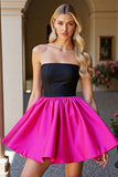 A Line Black and Fuchsia Satin Strapless Short Prom Dress
