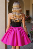 A Line Black and Fuchsia Satin Strapless Short Prom Dress