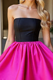 A Line Black and Fuchsia Satin Strapless Short Prom Dress